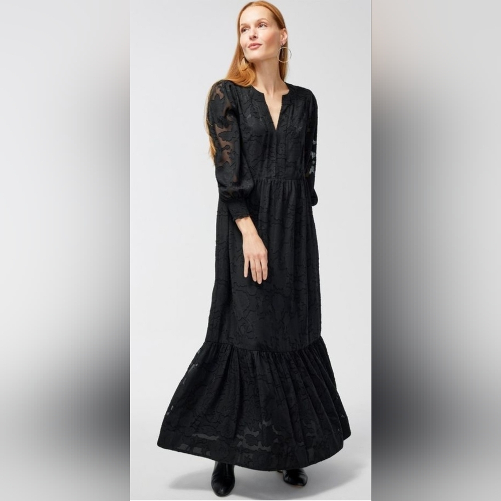 Chico's Black Burnout Maxi Long Sleeve Lace Dress Size Chicos 0, US 4 NWT